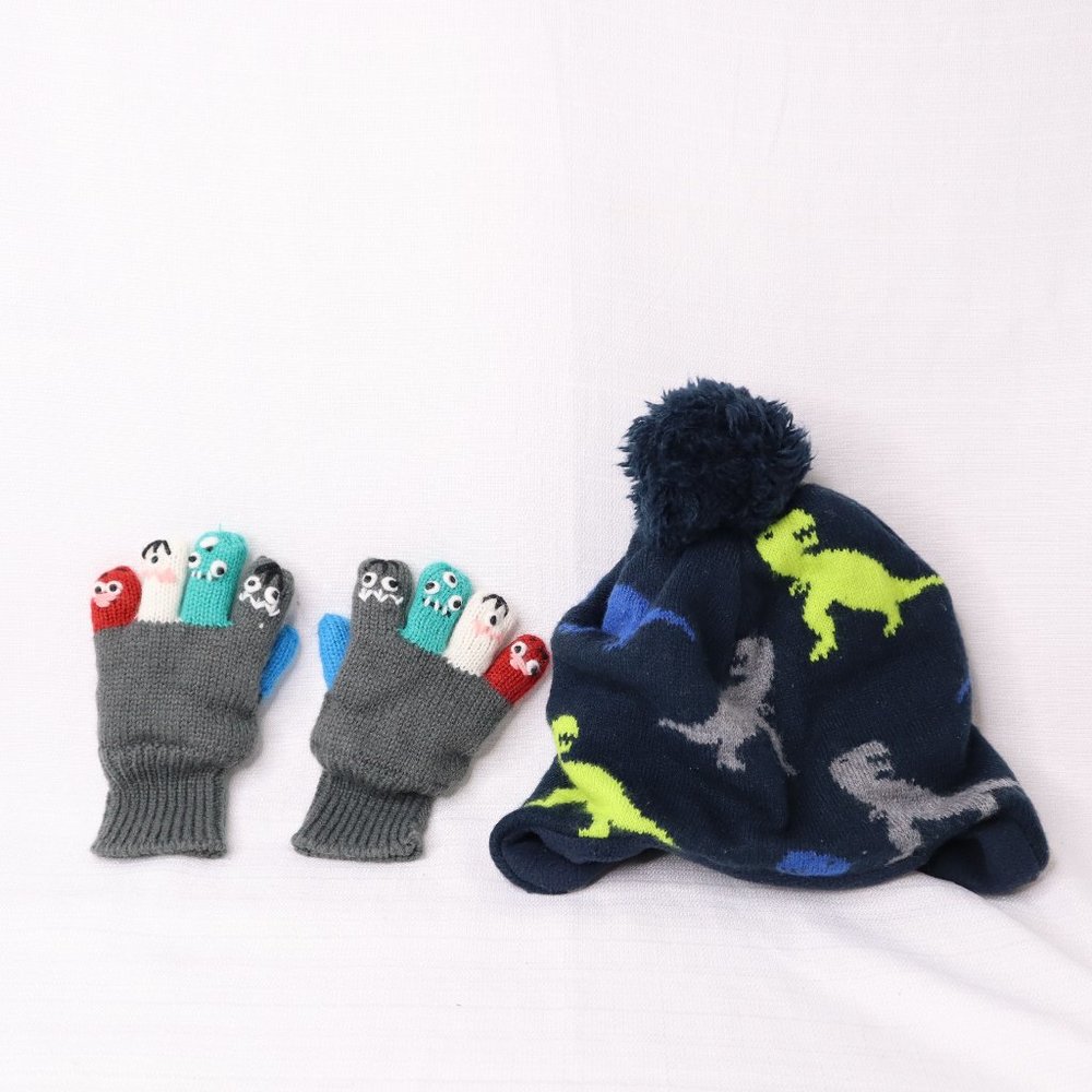 Beanie and glove bundle for toddler kids sz 1-3 years old dinosaur blue pre-owne